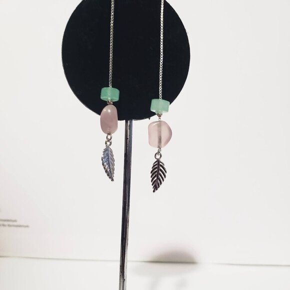 NEW JADE PINK QUARTZ THREADER EARRINGS LAVENDER PINK 3 INCH STERLING SILVER 925 - Picture 4 of 4